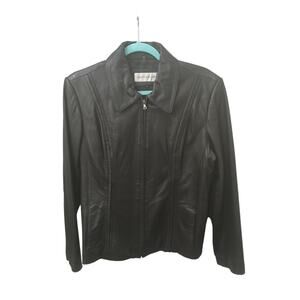 Jones New York Black Genuine  Leather Jacket Zipper Front Lined Pockets M